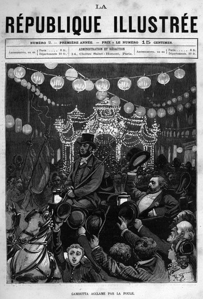 パリのレピュブリック広場の銅像に挨拶するレオン・ガンベッタ（1838-1882）。ある新聞。個人コレクション「La republique illustree」の1880年のエングレーヴィング。 作： French School