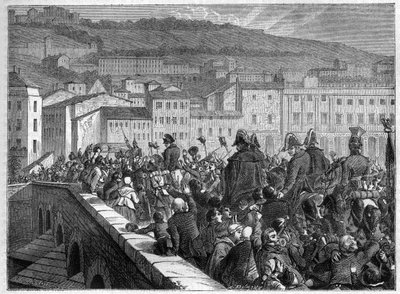 百日」：1815年3月10日、ナポレオンのリヨンへの凱旋入場-アドルフ・ティエールの「領事の歴史と帝国の歴史」に収録-1879年-個人蔵 作： French School