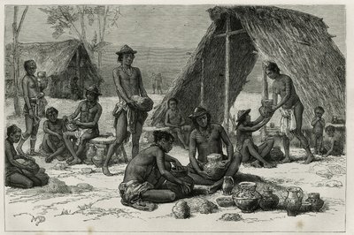 陶器を作るインド人ガリビス（またはカリナス）、D.Maillartの彫刻、1876年から1877年にかけてフランス海軍の医師ジュール・クレヴォー博士が行ったギアナ奥地の探検航海を説明するためのもので、「tour du monde」誌に掲載された。 作： French School
