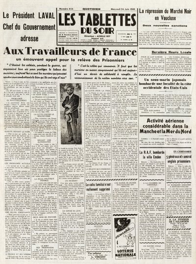 Les Tablets du soir du 24-06-1942 - ラヴァル政府代表、フランスの労働者にVAUCLUSEのマーケット・ノワールの再建を訴える - CHANCHと北海でのディアス・アエリアンの活動-。 作： French School