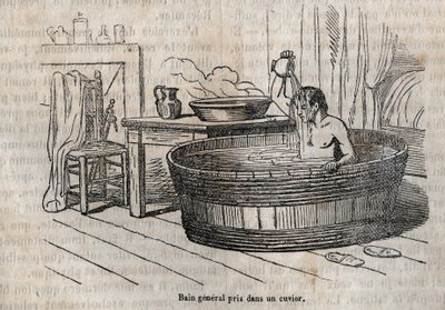 Les gestes du bain - Hygiene au 19th century - bath in a bowl - engraving in "La Sante Universelle - Guide Medical des Familles" 1852年 作： French School
