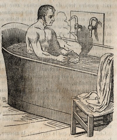 Les gestures du bain - 19世紀の衛生学 - バスタブの中の男性 - 1852年の "La Sante Universelle - Guide Medical des Familles "のエングレービング 作： French School