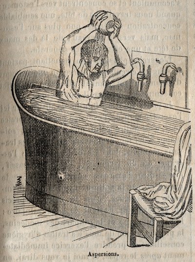 Les gestures du bain - 19世紀の衛生学 - バスタブの中の男性 - 1852年の "La Sante Universelle - Guide Medical des Familles "のエングレービング 作： French School