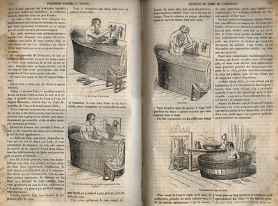 Les gestures du bain - 19世紀の衛生学 - バスタブの中の男性 - 1852年の "La Sante Universelle - Guide Medical des Familles "のエングレービング 作： French School