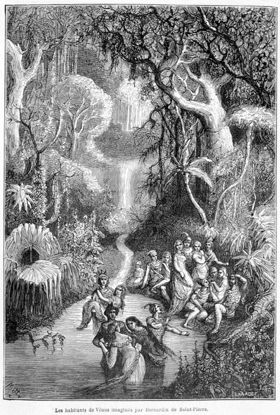 フランスの作家Henri Bernardin de Saint Pierre (Saint-Pierre or St-Pierre)の「Les habitants de Venus imagines」（1737-1814年）-Camille Flammarionの「Les terres du ciel」（Marpon & Flammarion編、パリ）に収録。 作： French School
