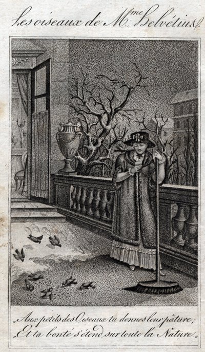 Jean Nicolas Bouilly (1763-1842)の "Conseils a ma fille "に登場するLes oiseaux de Madame Helvetius (Anne Catherine Helvetius)。1820.個人蔵。 作： French School