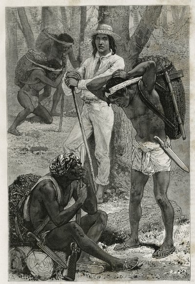 ダリエン（パナマ東部の地域）のポータ（カウシェロス）たち。1876年から1878年にかけて船の中尉だったA.レクルスが「ツアー・デュ・モ」に掲載したパナマとダリエンの島での探検物語を説明するために、D.Maillartが描いた絵の後のエングレーヴィング。 作： French School