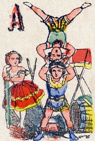 Letter A Acrobats.Alphabet des jeux "に掲載された版画。19世紀末、ポン・ア・ムソンの編集者Mr.Vagneが描いたもの。ピンクのシリーズ。12ページ。簡略化された読み方とイラスト入りのアベコベを収録したアルバム。寸法：16,5x11cm 作： French School