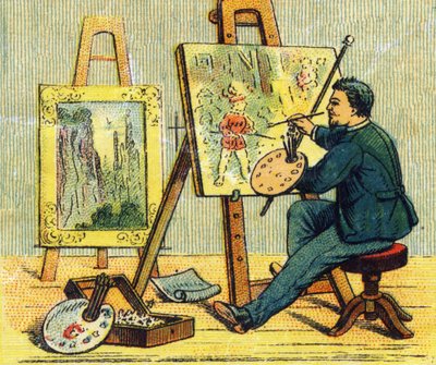 レターA：アトリエにいる画家。ABC indechirable on varnished canvas "のエングレーヴィング。A.カペンドゥ、編集者、パリ、19世紀後半。子供の本屋さんのイラスト入り。8ページ。ディム：21,5x18cm 。 作： French School
