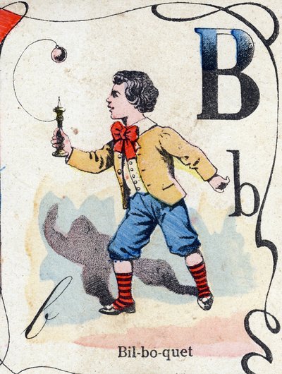 レターB ビルボケ。ABC des joux pour petits boys "のエングレーヴィング。ポン・ア・ムソンの画像化、Louis Vagne、印刷出版業者、19世紀後半。寸法：32,5x25 cm 作： French School