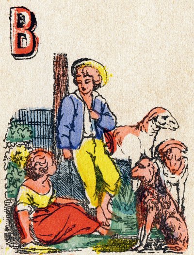 Letter B Shepherds.Alphabet des jeux "に掲載された版画。19世紀末、ポン・ア・ムソンの編集者Mr.Vagneが描いたもの。ピンクのシリーズ。12ページ。簡略化された読み方と、イラスト入りのアベセダリーを収録したアルバム。寸法：16,5x11cm 作： French School