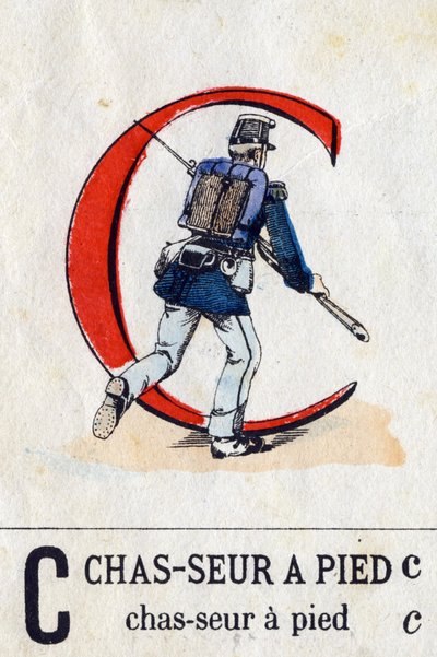 フットハンターとしての文字C。軍隊のアルファベット（ABCまたはabecedary）。エピナルのイメージング、1870年〜1880年頃）。)ステンシルカラーの木版画。プライベート・コレクション 作： French School