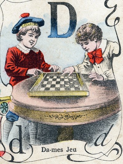 レターD。チェッカーゲーム。ABC des joux pour petits boys "のエングレーヴィング。ポン・ア・ムソンの画像化、Louis Vagne、印刷・出版業者、19世紀後半。寸法：32,5x25 cm 作： French School