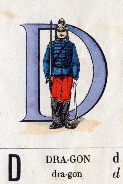 ドラゴンとしての文字D。ミリタリーアルファベット（ABCまたはabecedary）。エピナルのイメージング、1870〜1880年頃）。)ステンシルカラーの木版画。プライベート・コレクション 作： French School