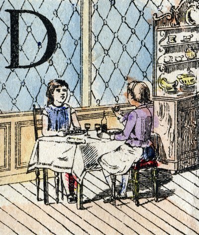 レターD、ダイネットで遊ぶ女の子。小さな女の子のABCエピナールイメージング 作： French School