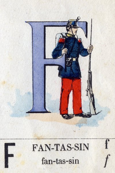 歩兵としての文字F。ミリタリーアルファベット.エピナルの画像化、1870-1880年頃。ステンシルカラーの木版画 作： French School