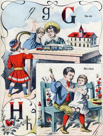 Letter G H: station and rattle.ABC des joux pour petits boys "のエングレーヴィング。ポン・ア・ムソンの画像化、Louis Vagne、印刷・出版業者、19世紀後半。寸法：32,5x25cm 作： French School