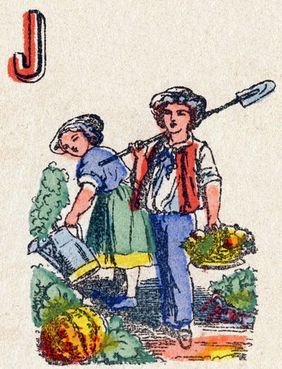 Letter J Gardeners.Alphabet des jeux "に掲載された版画。19世紀末、ポン・ア・ムソンの編集者Mr.Vagneが描いたもの。ピンクのシリーズ。12ページ。簡略化された読み方とイラスト入りのアベコベを収録したアルバム。寸法：16,5x11cm 作： French School