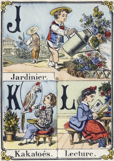 Letter J, K, L: gardener, kakatoes, reading.再現性のあるアルファベット。エピナル・イメージング。1880年頃のステンシルされた木版画。16ページの小さなブックレット 作： French School