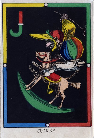 Letter J as jockey (monkey on a rocking horse).サルのアルファベット。木版画。エピナルのイメージング 作： French School