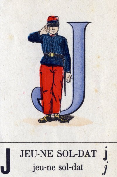 若い兵士としての手紙J。軍隊のアルファベット。エピナルの画像、1870年から1880年頃。ステンシルカラーの木版画 作： French School