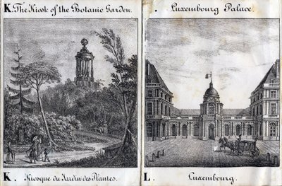 Letter K Kiosk of Jardin des Plantes and L Palais du Luxembourg - "Alphabet Picturesque des Monumens de Paris" c.1840 (in engraving) 作： French School
