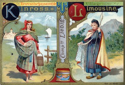 文字K：スコットランドのKinross、L：Villageoise Limousine。女性用のアルファベット 。12枚の画像のシリーズ。リービッヒ広告 作： French School