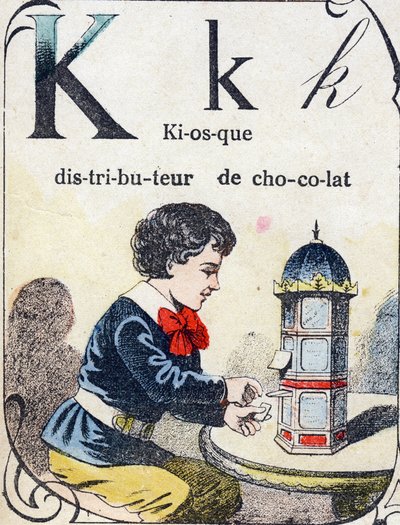Letter K: chocolate dispenser kiosk.ABC des joux pour petits boys "のエングレーヴィング。ポン・ア・ムソンの画像化、ルイ・ヴァッゲン、印刷出版業者、19世紀後半。寸法：32,5x25cm 作： French School