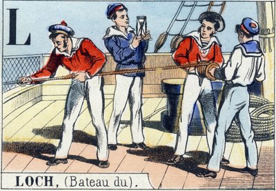 lochとしてのL字 。海軍のアルファベット。エピナール像 19世紀後半ステンシルカラーの木版画 作： French School