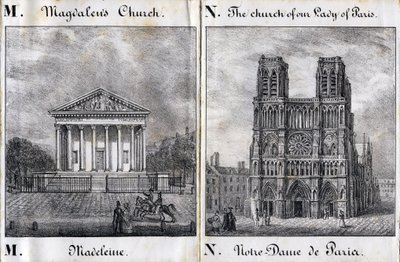 Letter M Madeleine and N Notre-Dame de Paris (Notre Dame de Paris) - "Alphabet Picturesque des Monumens de Paris" c.1840 (carving) 作： French School