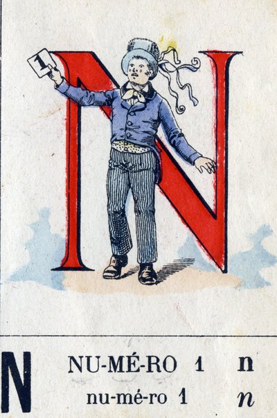 アルファベット「N」を「1」に見立てています。ミリタリーアルファベット.エピナルのイメージング、1870年から1880年頃。ステンシルカラーの木版画 作： French School