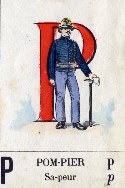 消防士のPの文字。ミリタリーアルファベット。エピナルの画像化、1870-1880年頃。ステンシルカラーの木版画 作： French School