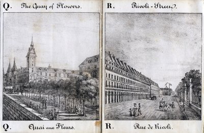 QとAの手紙花ドックとリヴォリ通り - "Alphabet Picturesque des Monumens de Paris" 1840年頃（エングレーヴィング） 作： French School