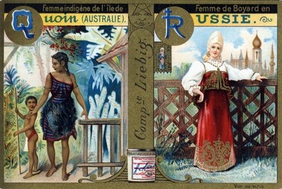 Qはクオイン島の先住民族の女性、Rはロシアのボヤール族の女性を表しています。女性のアルファベット。12枚のイメージシリーズ。リービッヒ広告 作： French School