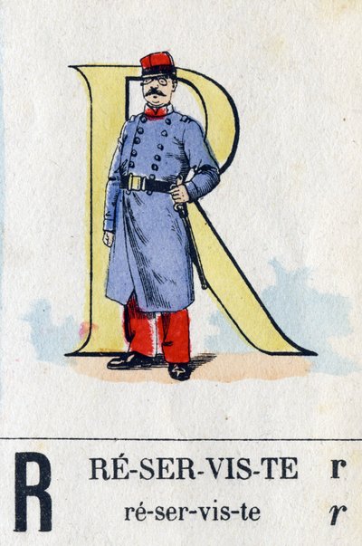 予備役としてのRの文字。軍隊のアルファベット。エピナルの画像化、1870-1880年頃。ステンシルカラーの木版画 作： French School