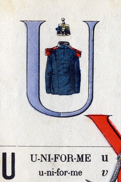 ユニフォームとしての文字U。軍隊のアルファベット。エピナルの画像、1870-1880年頃。ステンシルカラーの木版画 作： French School