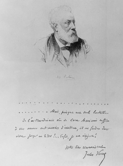 ジュール・ヴェルヌからの手紙と作家の肖像画（1828-1905年）。 作： French School