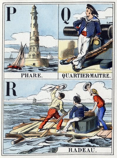 Pは「Lighthouse」、Qは「Quartier Maitre」、Rは「Raft」の文字。大文字のアルファベットを含む16ページの海軍手帳。エピナール像、19世紀後半。ステンシルされた木版画 薄さ：21x14,5cm 作： French School