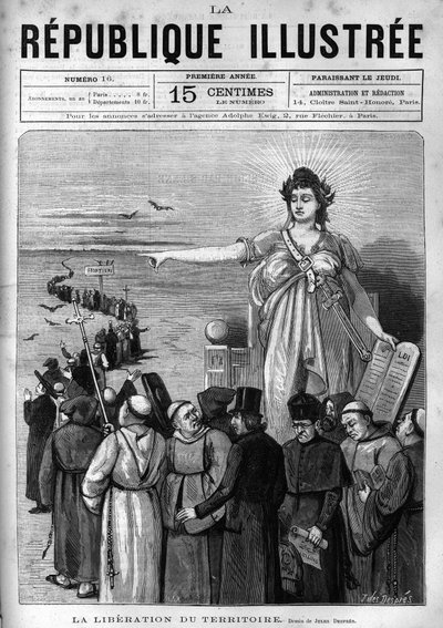 領土の解放：フランス共和国は、ジュール・フェリーが下した1880年3月の政令に従い、無許可の宗教集会をフランス領土から追放し、教える権利を奪いました。新聞。La re」に掲載された1880年のエングレーヴィング 作： French School