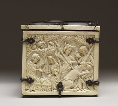 「愛の城と騎士の戯曲」を描いた棺の蓋、c.1330-50 作： French School