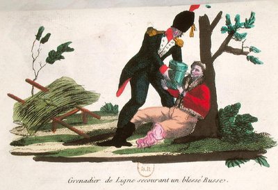 負傷したロシア兵を助けるライン・グレナディア（彩色彫刻） 作： French School