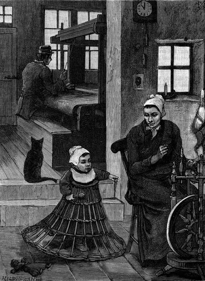 Linen: Weaver interior with weaver and spinning wheel."Le Journal de la jeunesse "に掲載された版画 作： French School
