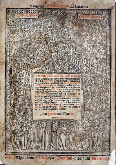 トゥールーズ議会における司法の法廷（『De Tholosanorum Gestis』ニコラ・ベルトラン著、トゥールーズ刊 作： French School