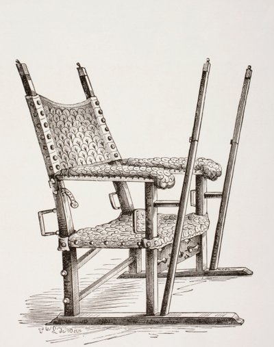 1873年に出版された、Les Arts au Moyen AgeのスペインのCarlos Iが使用したトイレチェア 作： French School