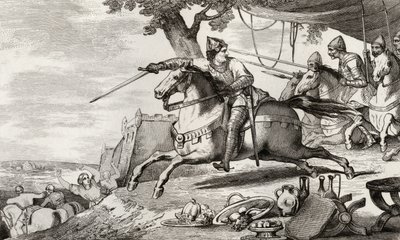 ロサール（941-86）は、1840年に出版されたコラートの「フランスの歴史」から彼の軍を戦いに導きます 作： French School