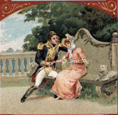 ワグラム公爵のルイ・アレクサンドル（Louis-Alexandre）・ベルティエ（1753-1815）と愛人のヴィスコンティ夫人、グロボア城にて。19世紀末のクロモリトグラフ 作： French School