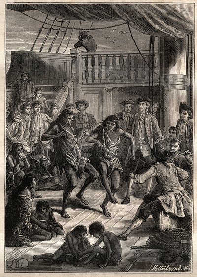 ブーゲンビル伯爵ルイ・アントワーヌ（1729-1811）は、1768年に自分の船「La Boudeuse」でフォーテスキュー湾（マゼランのデトロイト）の住民を迎え入れた - "The Great Mariners of 18th century "からのイラスト 作： French School