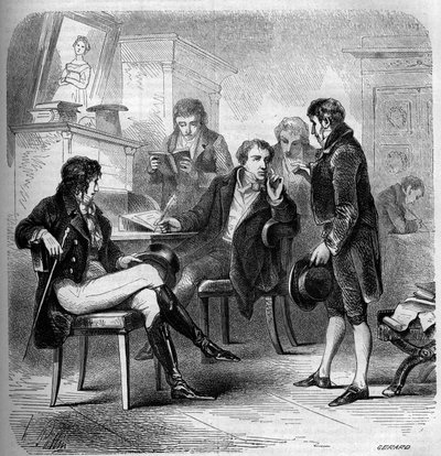 フランスの作家・喜劇俳優、ルイ・ブノワ（Louis-Benoit）ピカール（1769-1828）のアトリエでの写真。1858年のエングレーヴィング。 作： French School