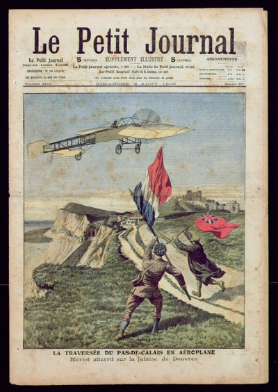 ルイブレリオ（1872-1936）、ドーバーに上陸、1909年8月8日、 『ルプチジャーナル』（色付き彫刻） 作： French School