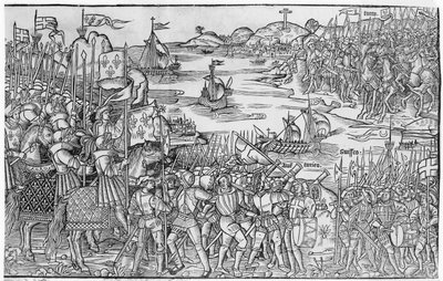 1522年に出版された「グランドヴォヤージュドヒエルサレム」からの第7十字軍の期間にダミエッタで下船するフランスのルイ9世 作： French School